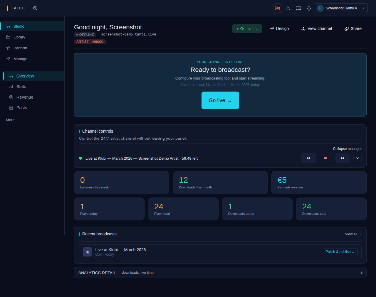 Artist dashboard — overview
